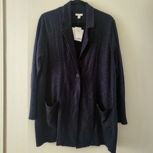 J Jill Cardigan Sweater Womans XLP Blue Knit Long Button Pockets Collared Office